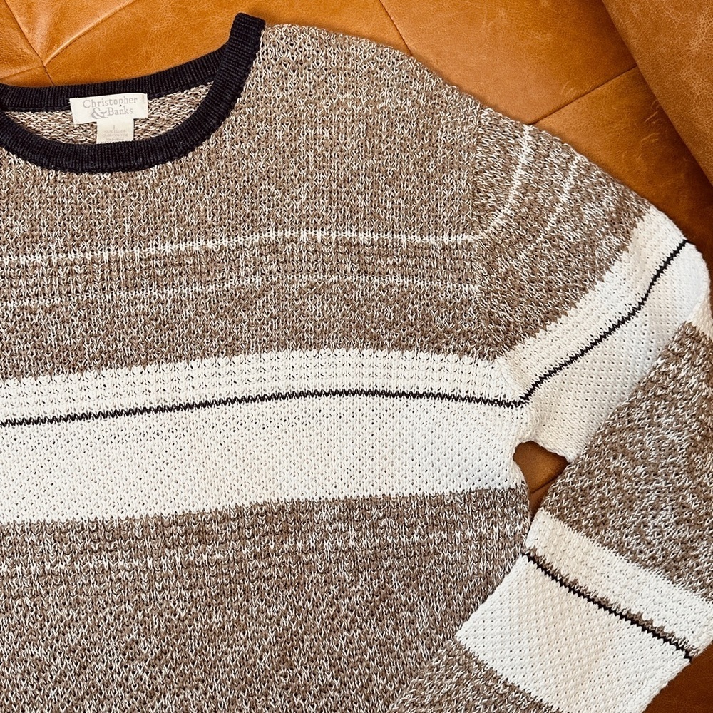 Cotton/Ramie mix Crew neck Sweater - blocked stripes - Size L - Picture 7 of 7